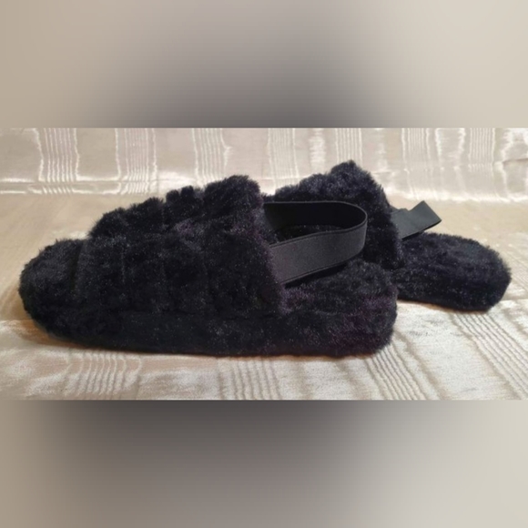 NWOT Ladies Slippers Faux Fur Fluffy Sliders Elastic Slingback Open Toe Slip On - Picture 4 of 6
